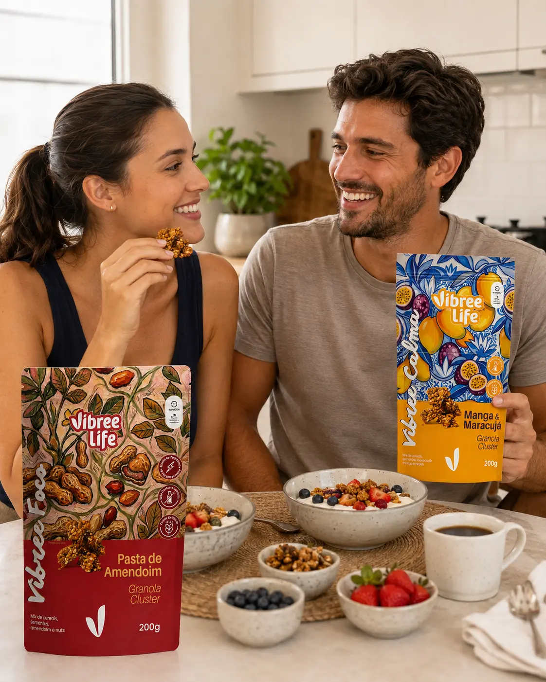 No café da manhã, com iogurte e frutas