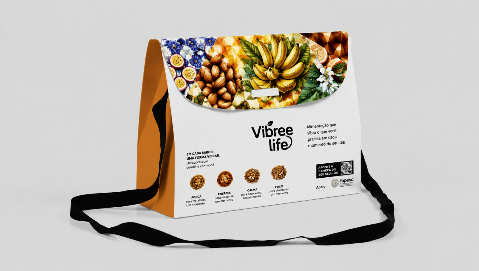 Bolsa de papel kraft do kit degustação Vibree Life com alça e ilustrações dos sabores