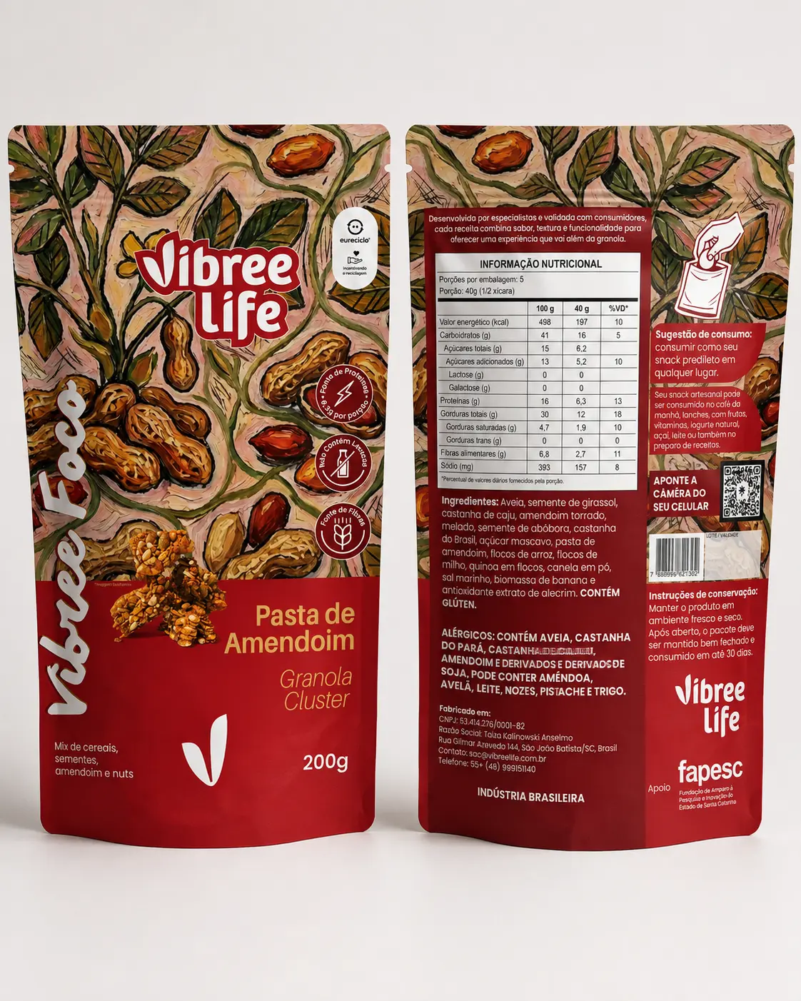 Embalagem Vibree Foco — frente e verso com informação nutricional