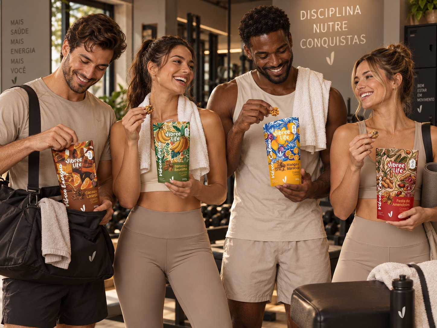 Quatro pessoas na academia compartilhando clusters dos quatro sabores Vibree Life